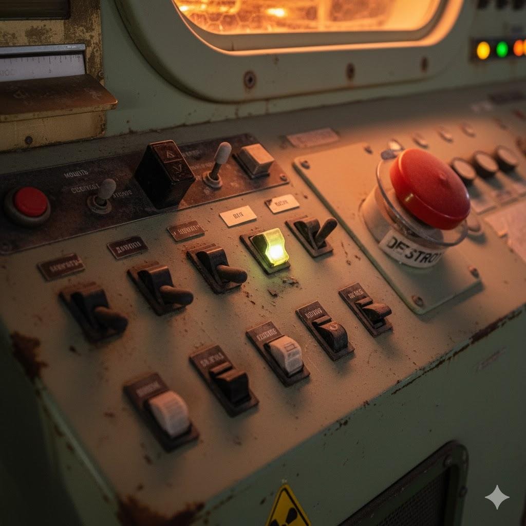 MDU-7 control panel — Soviet-era switches, gauges, and DESTROY button